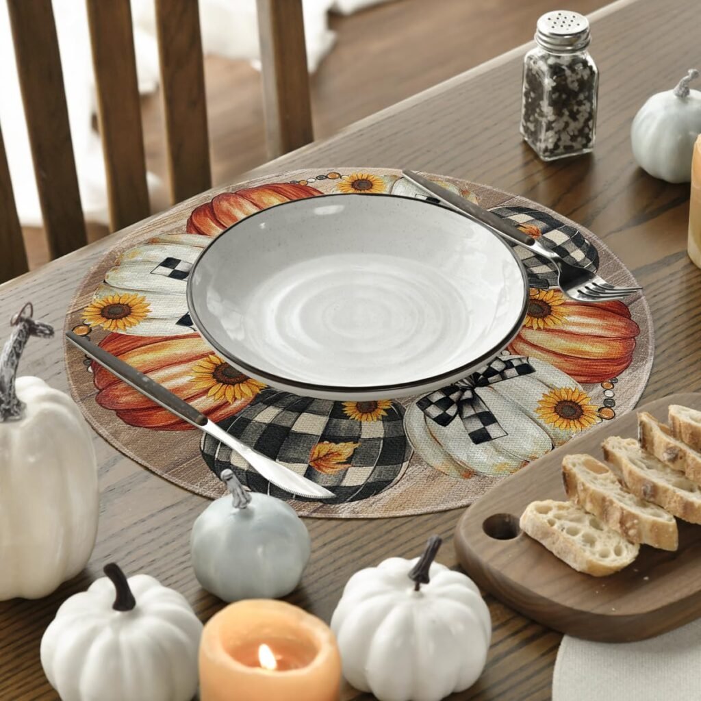 Artoid Mode Wood Pumpkins Sunflowers Round Fall Placemats Set of 4, 14 Inch Tjanksgiving Round Table Mats for Dining Decoration