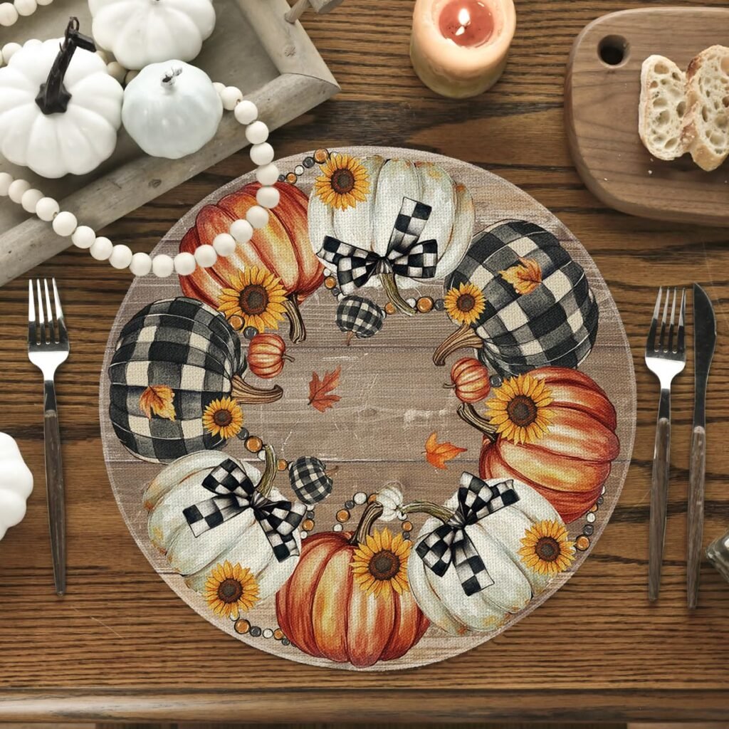 Artoid Mode Wood Pumpkins Sunflowers Round Fall Placemats Set of 4, 14 Inch Tjanksgiving Round Table Mats for Dining Decoration