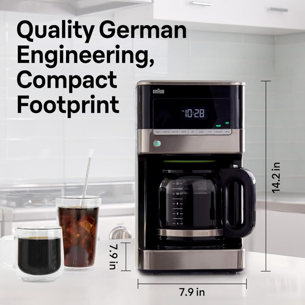 Braun BrewSense 12 Cup Drip Coffee Maker - Pause  Pour Mid Brew, Coffee Machine with 24-Hour Timer  Clock, Bold  Regular Strength, 1-4 Cup Functions, Self Clean, Auto Shutoff, Stainless Steel