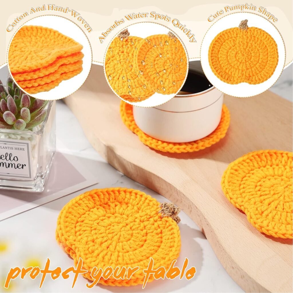 Crochet Pumpkins Coaster Handmade Knitted Drink Coaster Set Autumn Drink Cup Pad Mats Absorbent Bottle Mug Place Mats for Table Protection Fall Halloween Thanksgiving Themed Party Decoration (4 Pcs)