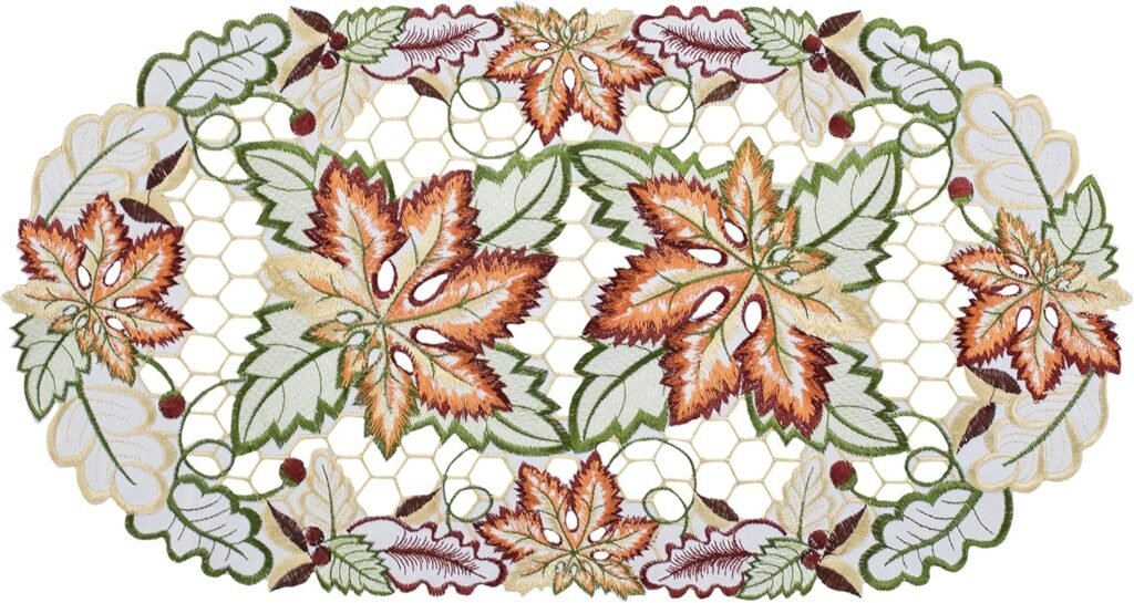 Fall and Autumn Cutwork Colorful Maple Leaf Placemat, Doily, End Table Mat (11Wx20.5L)