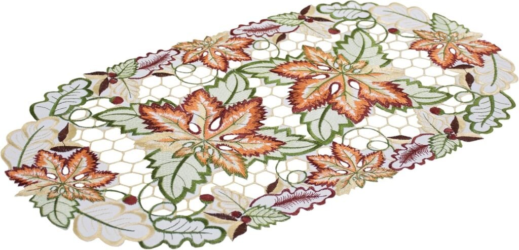 Fall and Autumn Cutwork Colorful Maple Leaf Placemat, Doily, End Table Mat (11Wx20.5L)