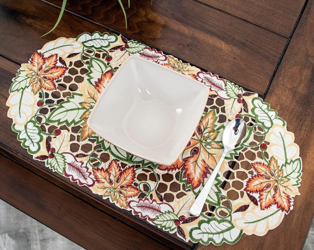 Fall and Autumn Cutwork Colorful Maple Leaf Placemat, Doily, End Table Mat (11Wx20.5L)