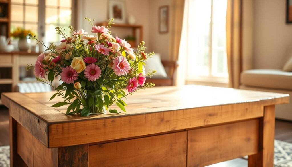 farmhouse coffee table with fresh flowers