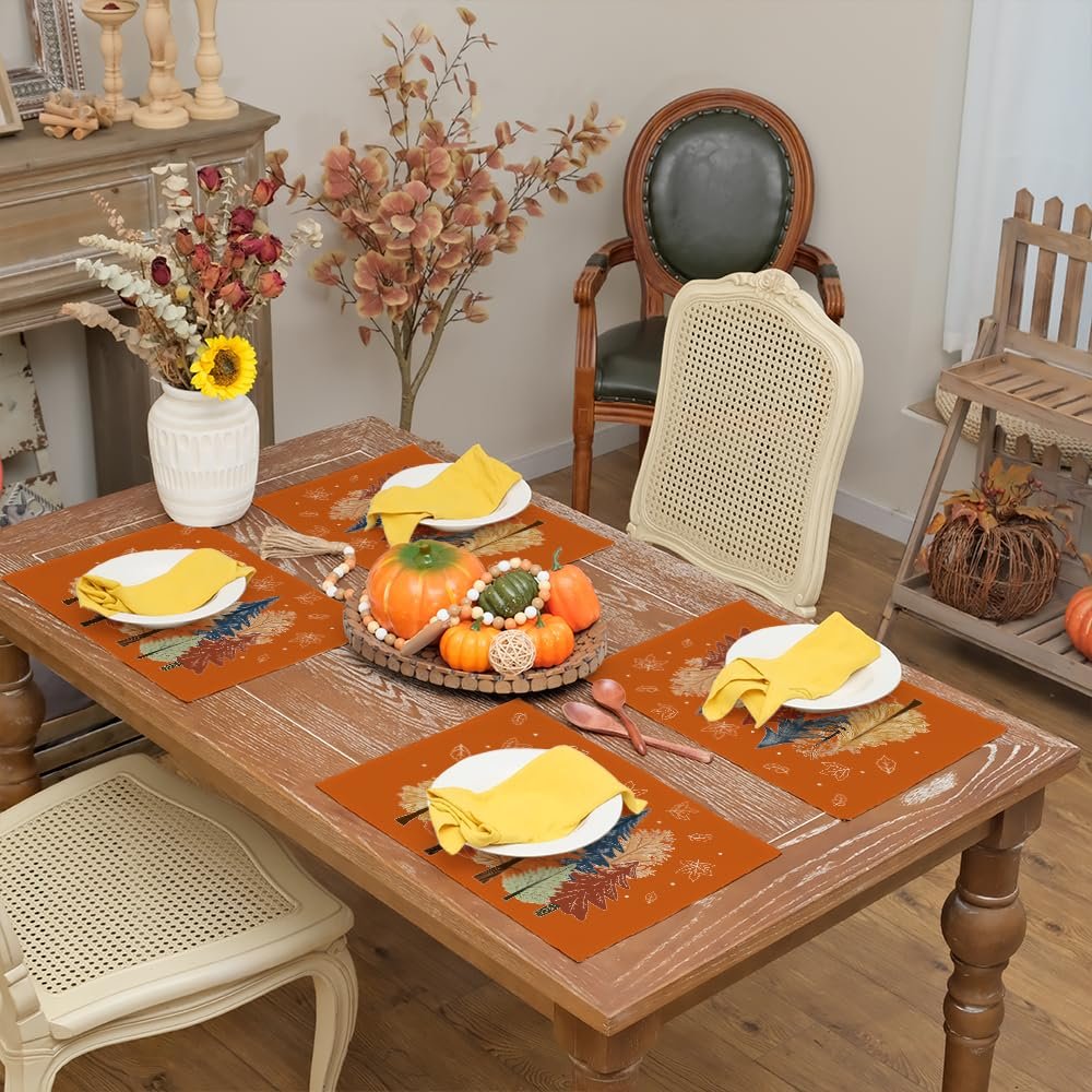 GEEORY Fall Placemats 12x18 Inch Set of 4, Watercolor Trees and Maple Leaves Table mats, Farmhouse Rustic Thanksging Kitchen Dining Table Decoration for Indoor Dinner Party Décor Orange