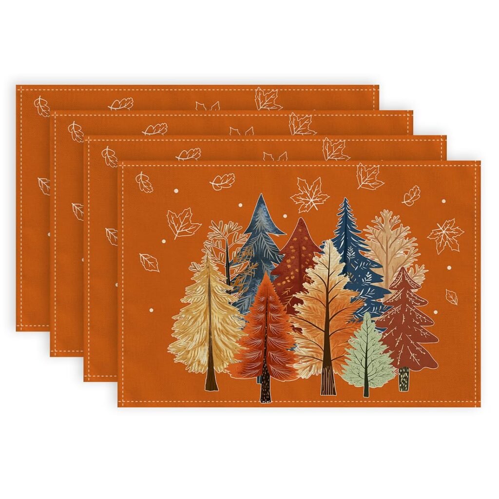 GEEORY Fall Placemats 12x18 Inch Set of 4, Watercolor Trees and Maple Leaves Table mats, Farmhouse Rustic Thanksging Kitchen Dining Table Decoration for Indoor Dinner Party Décor Orange