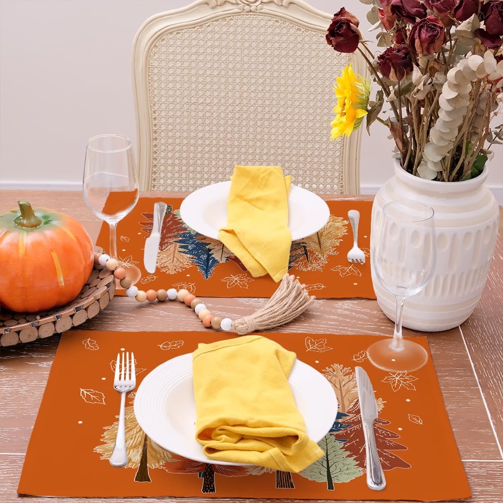 GEEORY Fall Placemats 12x18 Inch Set of 4, Watercolor Trees and Maple Leaves Table mats, Farmhouse Rustic Thanksging Kitchen Dining Table Decoration for Indoor Dinner Party Décor Orange
