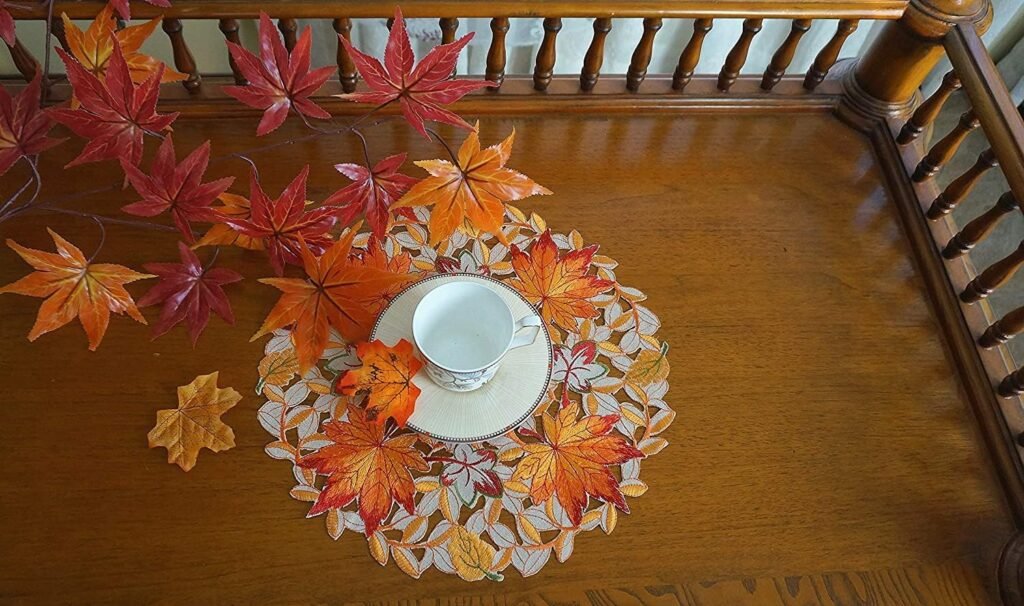 GRANDDECO Thanksgiving Harvest Table Runner Embroidered Cutwork Maple Leaves Dresser Scarf Table Cover Autumn Or Fall Decorations (Placemat 14 Set of 2)