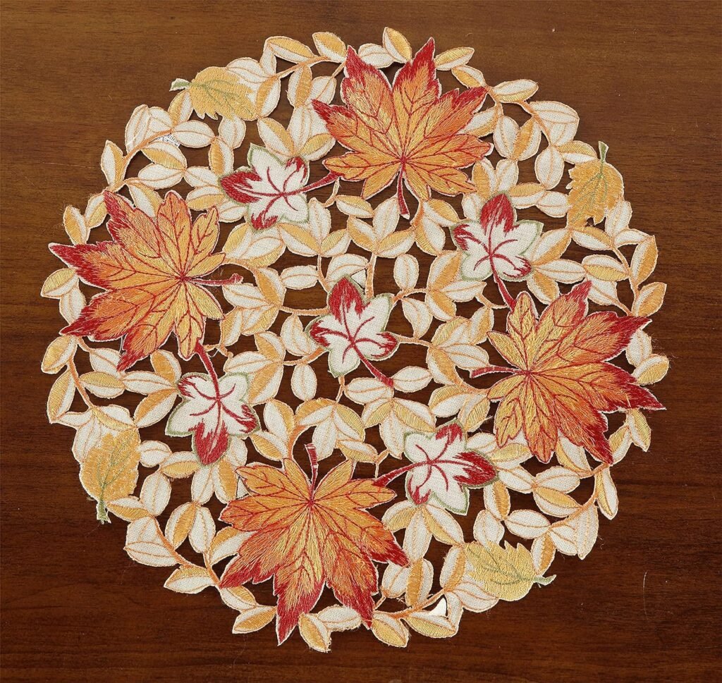GRANDDECO Thanksgiving Harvest Table Runner Embroidered Cutwork Maple Leaves Dresser Scarf Table Cover Autumn Or Fall Decorations (Placemat 14 Set of 2)
