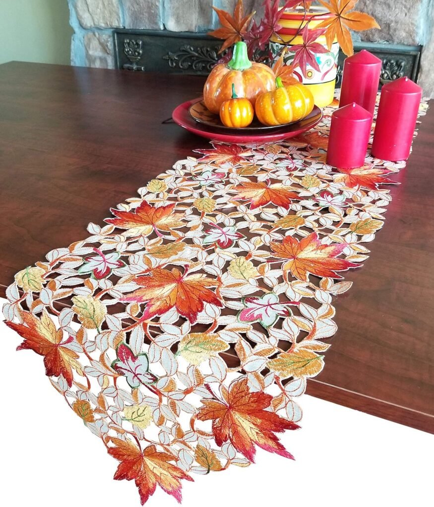 GRANDDECO Thanksgiving Harvest Table Runner Embroidered Cutwork Maple Leaves Dresser Scarf Table Cover Autumn Or Fall Decorations (Placemat 14 Set of 2)