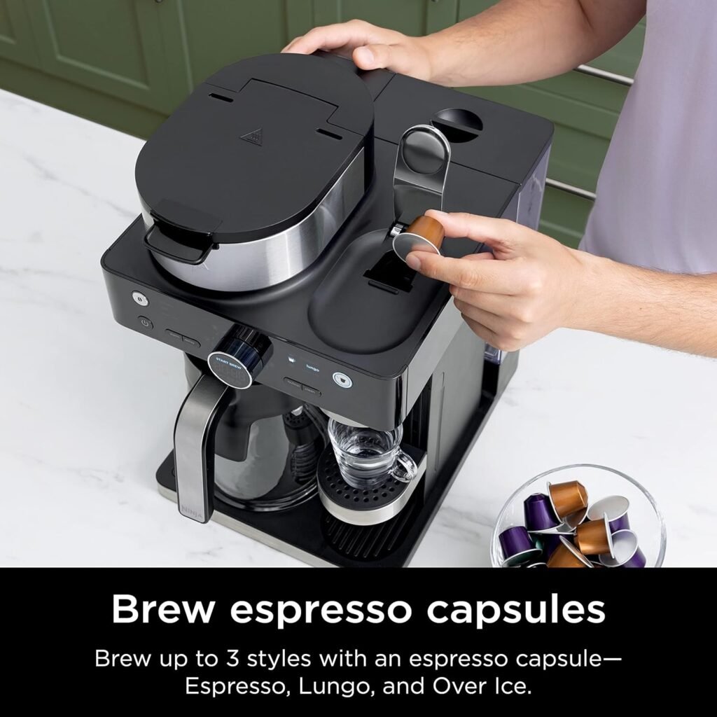 Ninja Espresso  Coffee Maker  Barista System, 3 Espresso Brew Styles, Single-Serve Coffee  Nespresso Capsule Compatible, Built-in Frother, Espresso, Cappuccino  Latte Maker, Black, CFN601