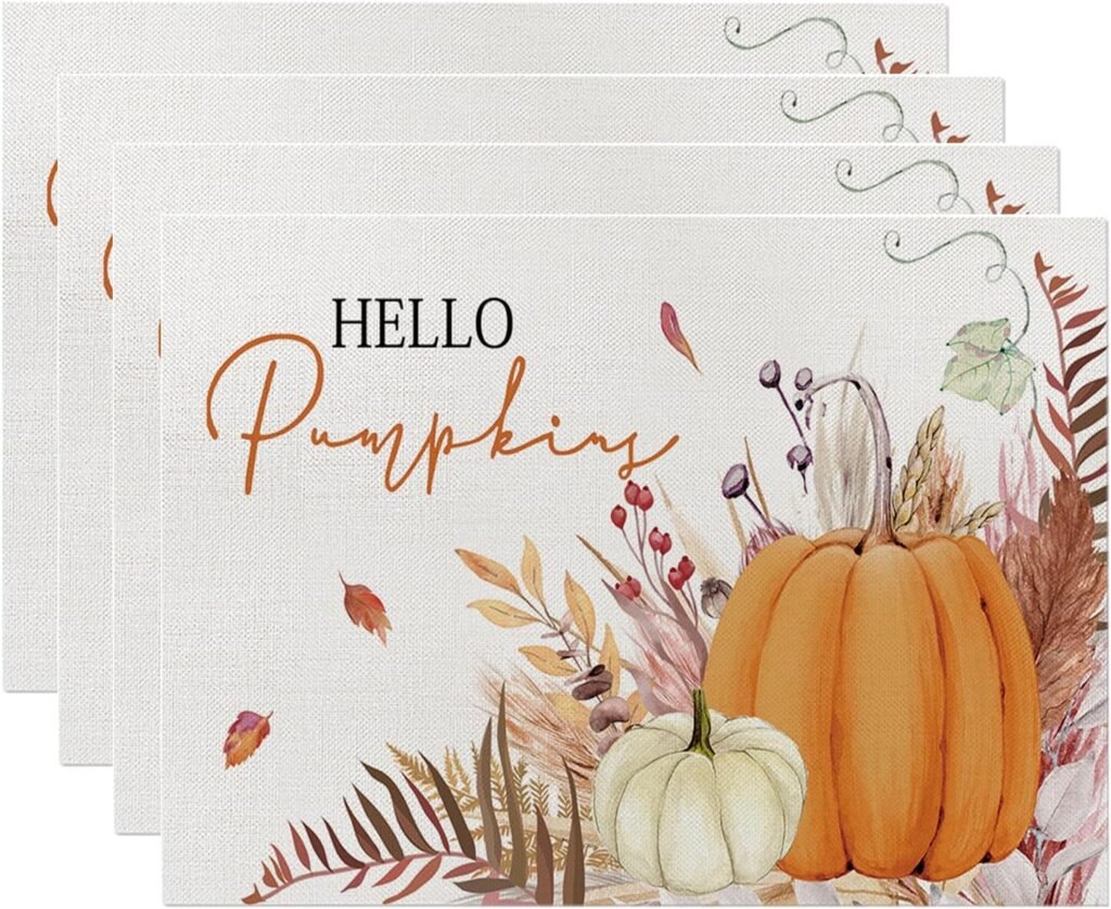ONFAON Fall Decorations for Home,Fall Placemats Set of 4,Orange Hello Pumpkin Leaves Washable Table Dinner Mats for Autumn Farmhouse Home Kitchen Decor, 12 x 18 Inch CD01