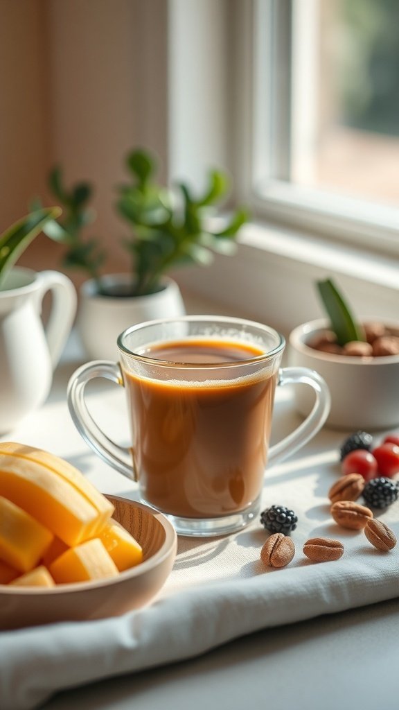 A cup of coffee with fresh fruits and nuts on a table by the window.