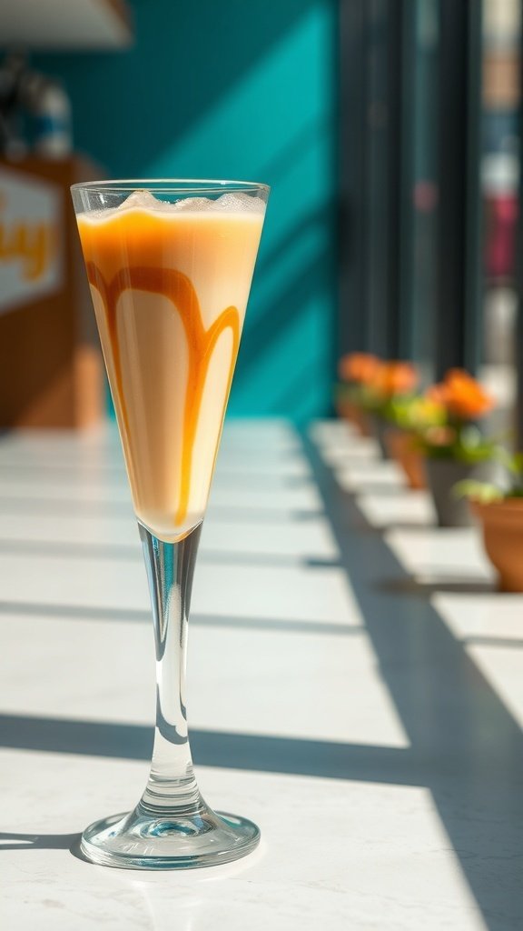 A beautifully layered iced caramel latte in a tall glass.