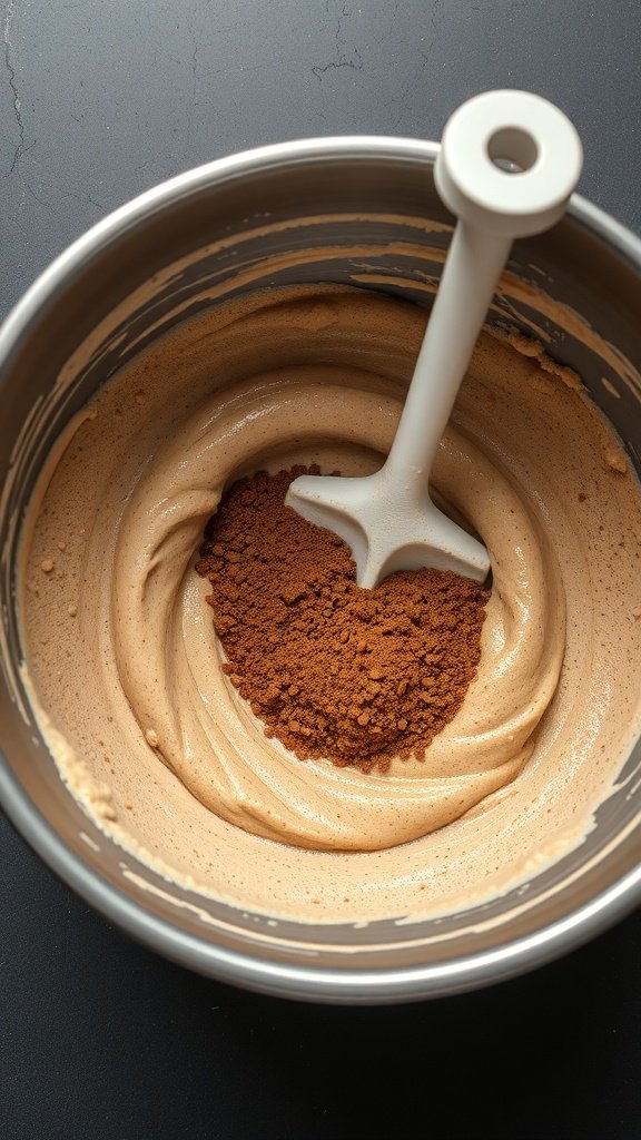 A mixing bowl with coffee cake batter and instant coffee granules.