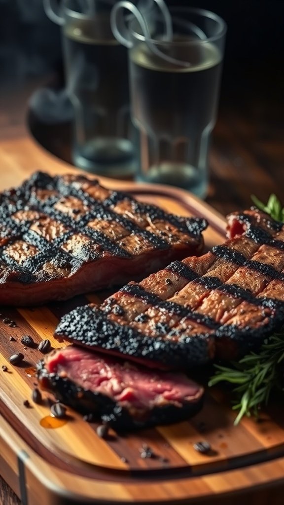 Grilled steak with a coffee rub on a wooden cutting board, garnished with herbs and served with drinks