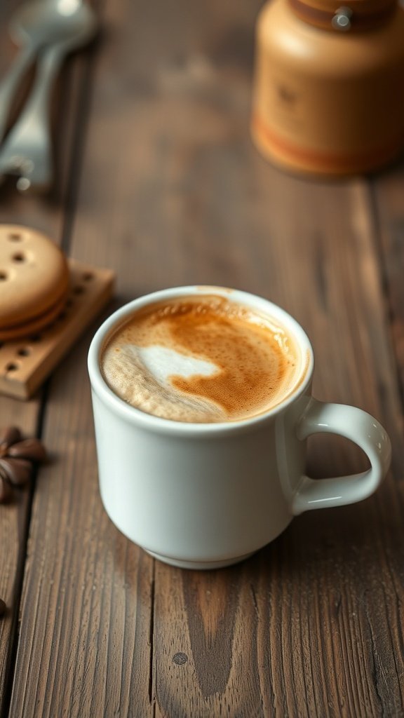 A cup of rich frothy cappuccino on a wooden table