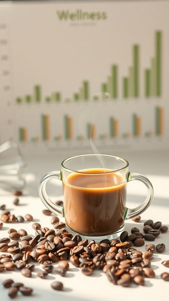 A steaming cup of coffee surrounded by coffee beans with a wellness chart in the background.