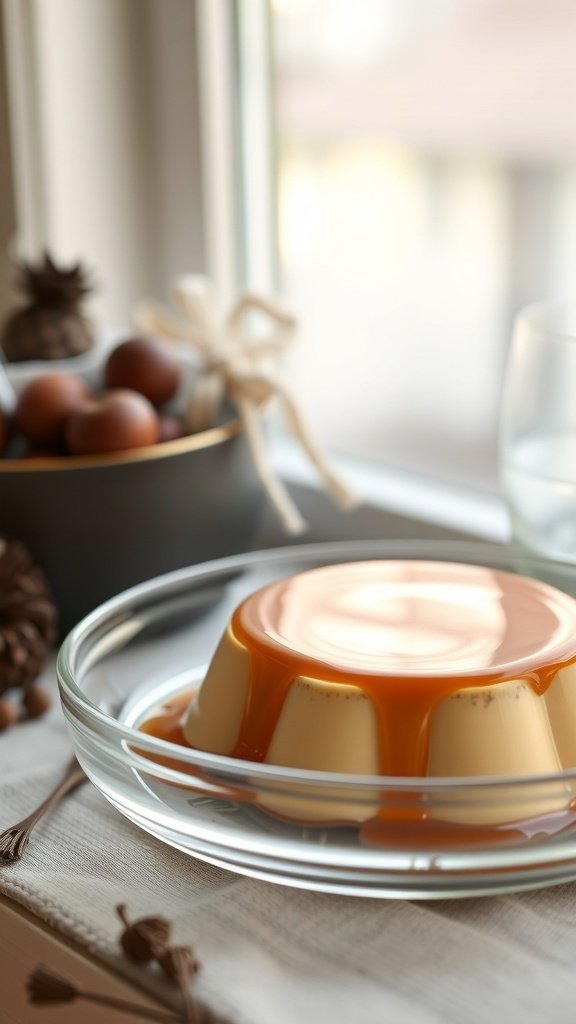 A beautifully presented coffee flan with caramel sauce on top.