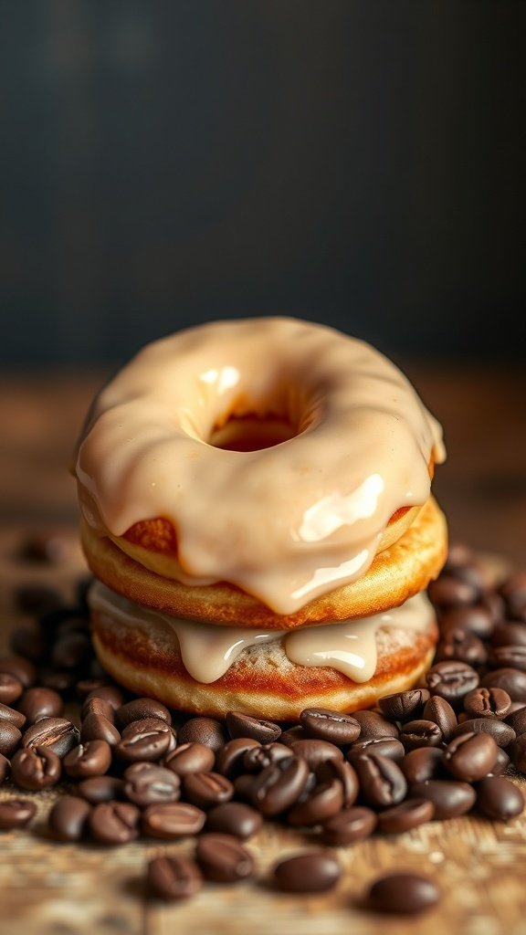Two stacked coffee donuts with a creamy glaze on top, surrounded by coffee beans.