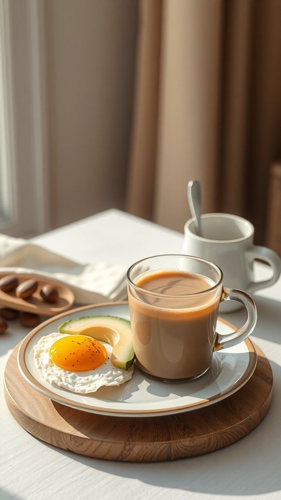 A breakfast plate with a sunny-side-up egg, avocado slices, and a cup of coffee