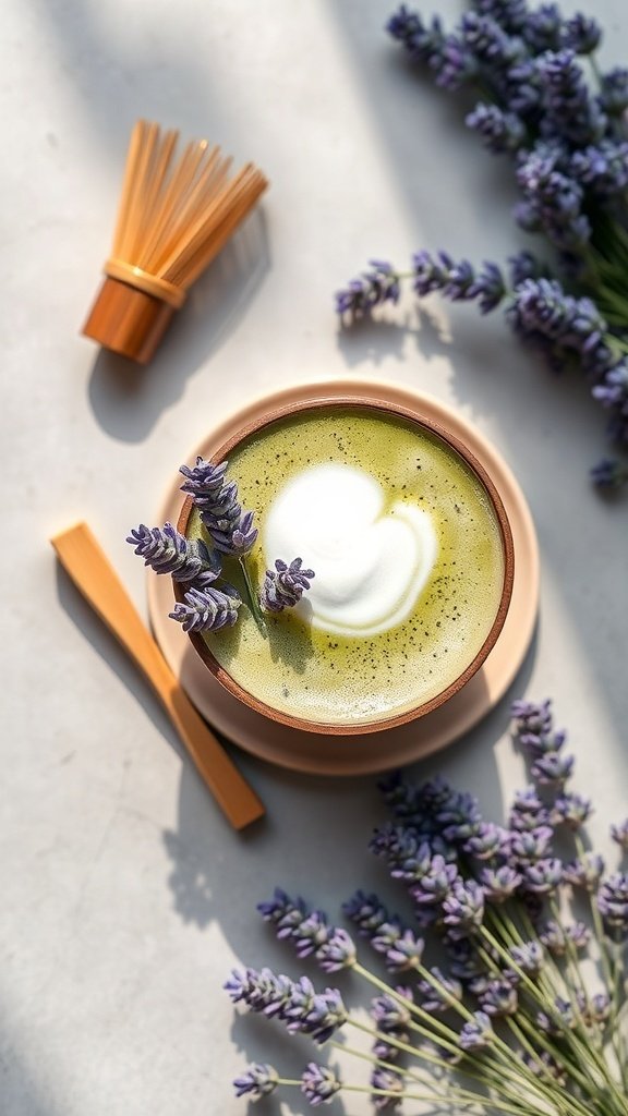 A Lavender Matcha Latte with lavender flowers and a bamboo whisk.