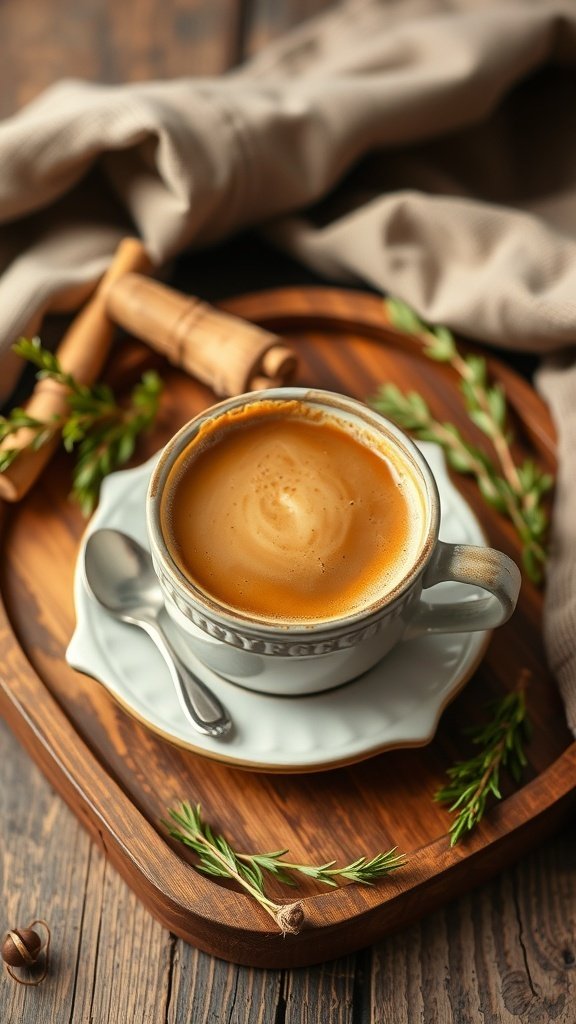 A cozy cup of chicory root coffee on a wooden tray with herbs.