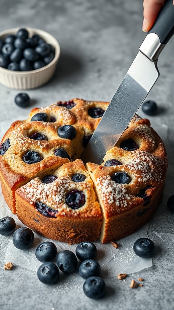 A hand slicing a blueberry sour cream coffee cake with fresh blueberries around it.