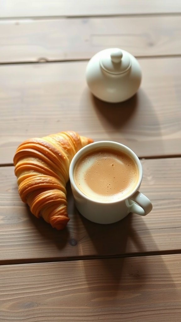 A cup of café au lait next to a croissant on a wooden table.