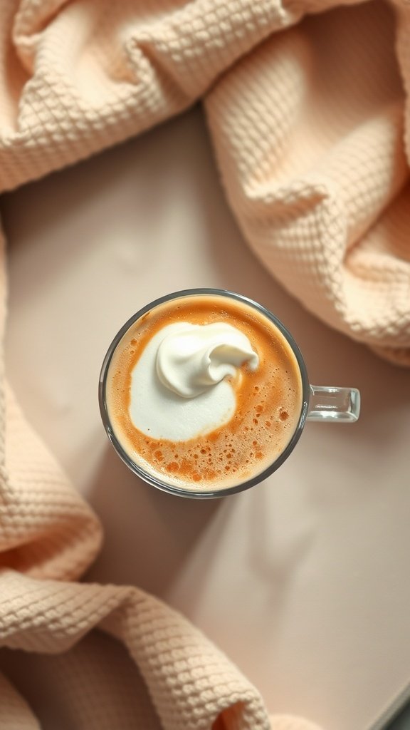 A top view of a homemade vanilla latte with whipped cream on top.