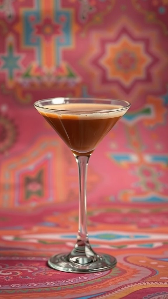 A coffee martini served in a stylish glass against a colorful background.