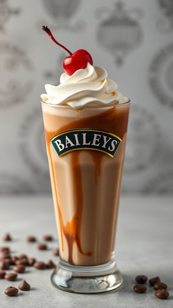 A delicious Baileys Coffee Milkshake topped with whipped cream and a cherry