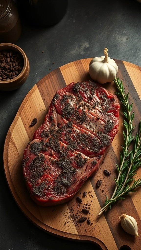 A beautifully seasoned steak with coffee rub, garlic, and rosemary on a wooden cutting board.