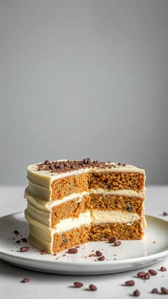 A beautifully layered coffee cake with cream cheese filling, topped with chocolate shavings.