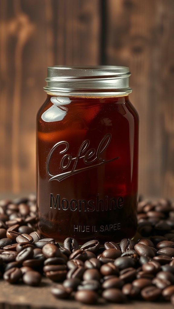 A jar of coffee moonshine surrounded by coffee beans.