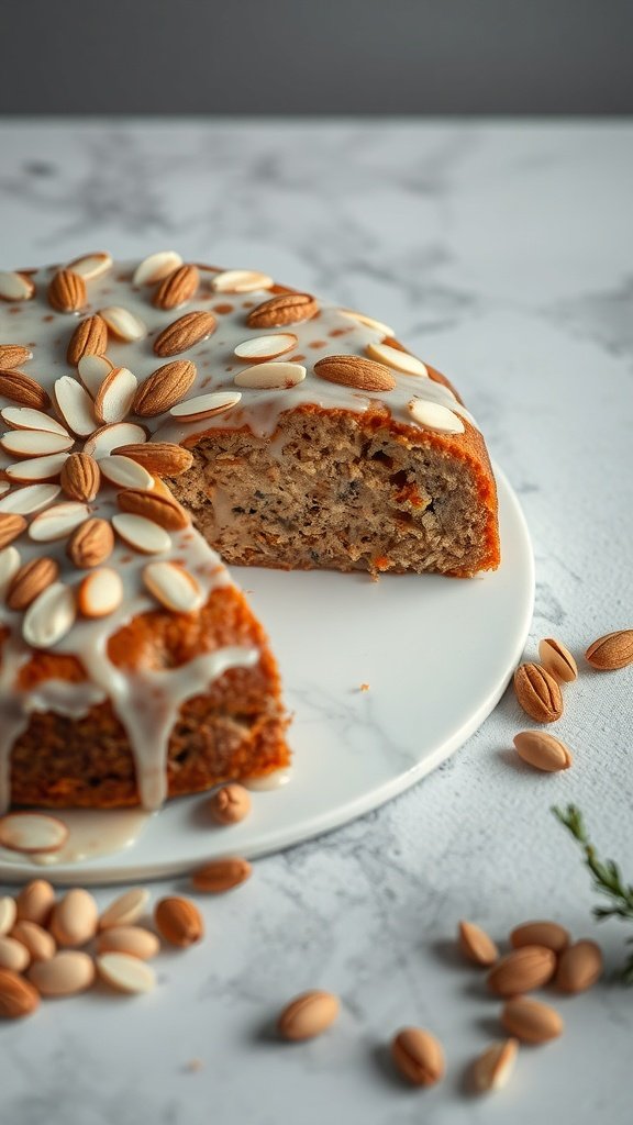 A delicious coffee cake topped with almonds and icing, with a slice cut out.