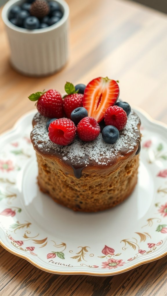 A delicious coffee cake topped with fresh strawberries, blueberries, and raspberries.