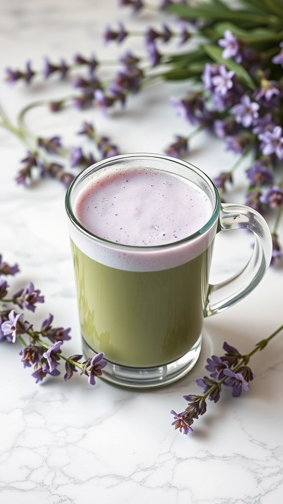 A Lavender Matcha Latte in a glass mug surrounded by lavender flowers.