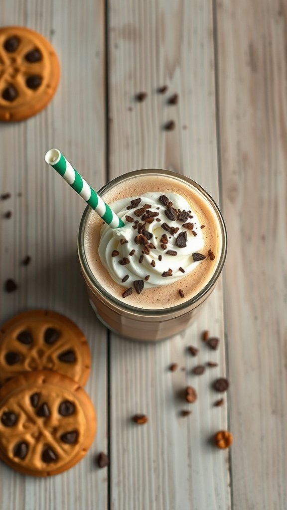 A delicious homemade coffee frappuccino topped with whipped cream and chocolate shavings, next to cookies.