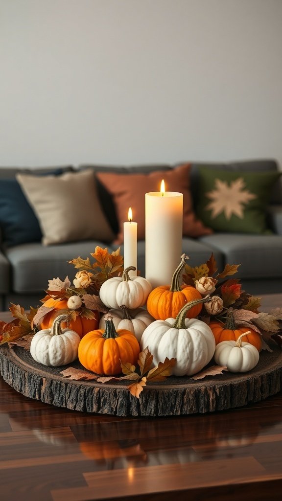 A cozy coffee table centerpiece featuring white and orange pumpkins, candles, and autumn leaves.