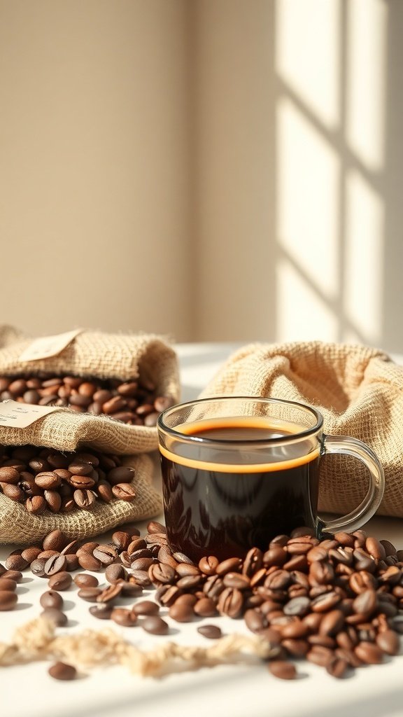 A clear glass cup of coffee surrounded by coffee beans and burlap sacks.
