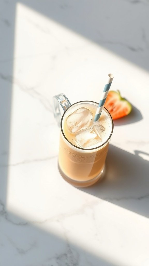A refreshing Greek frappe with ice and a straw on a marble surface.