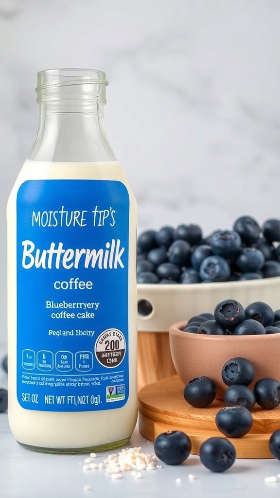 A bottle of buttermilk next to fresh blueberries, highlighting the ingredients for blueberry sour cream coffee cake.