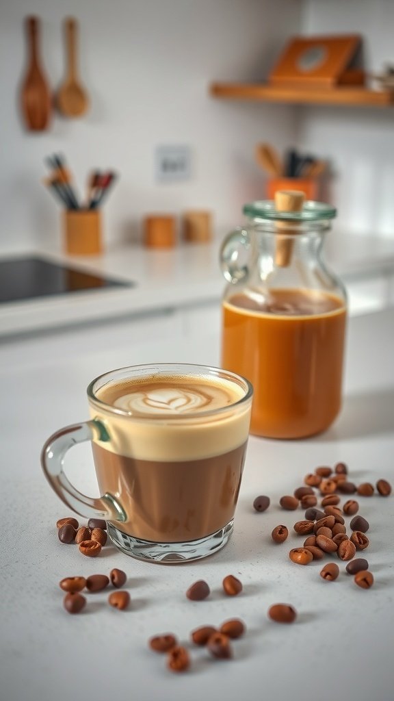 A glass of Spanish latte with a heart design on top, surrounded by coffee beans and a jar of milk.