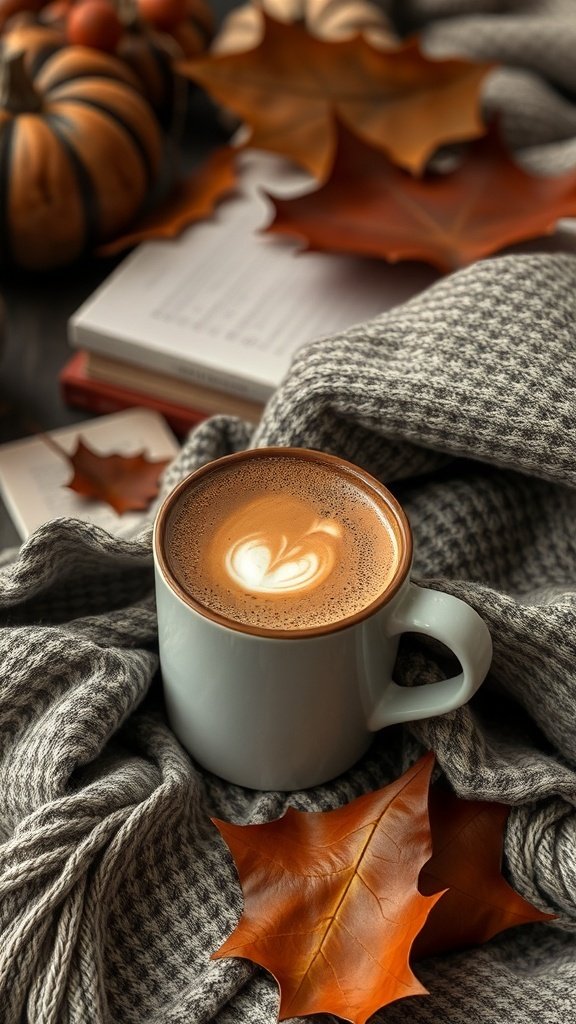 A cozy pumpkin spice latte with autumn leaves and a warm blanket.