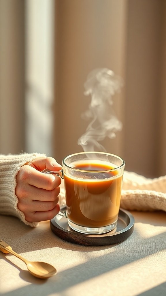 A steaming cup of coffee held in a hand, with a cozy background.