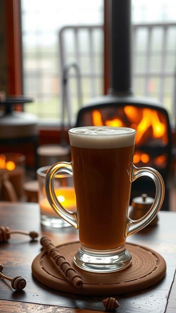A glass of Irish coffee with a cozy fireplace in the background