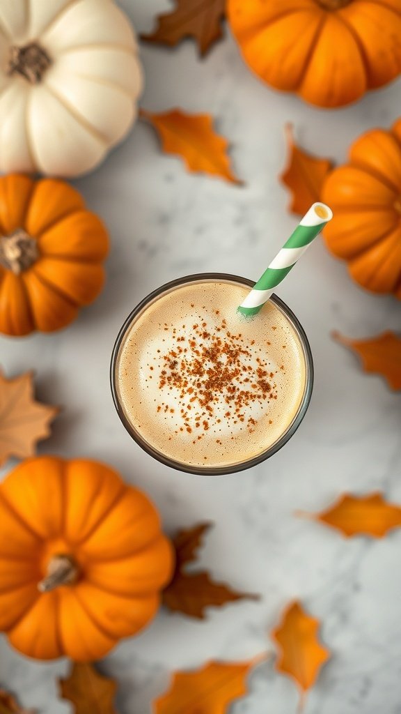 A pumpkin spice latte surrounded by pumpkins and autumn leaves