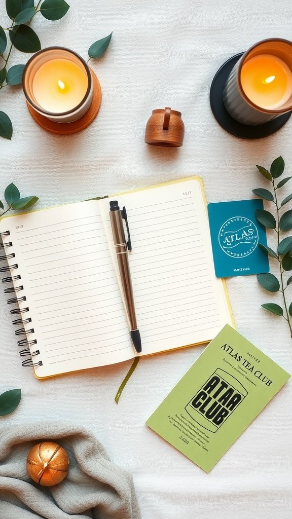 A cozy matcha tea setup with candles, a notebook, and Atlas Tea Club materials.