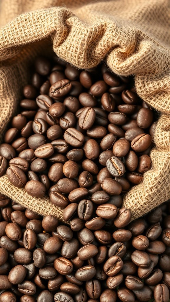A close-up of roasted coffee beans spilling from a burlap sack.